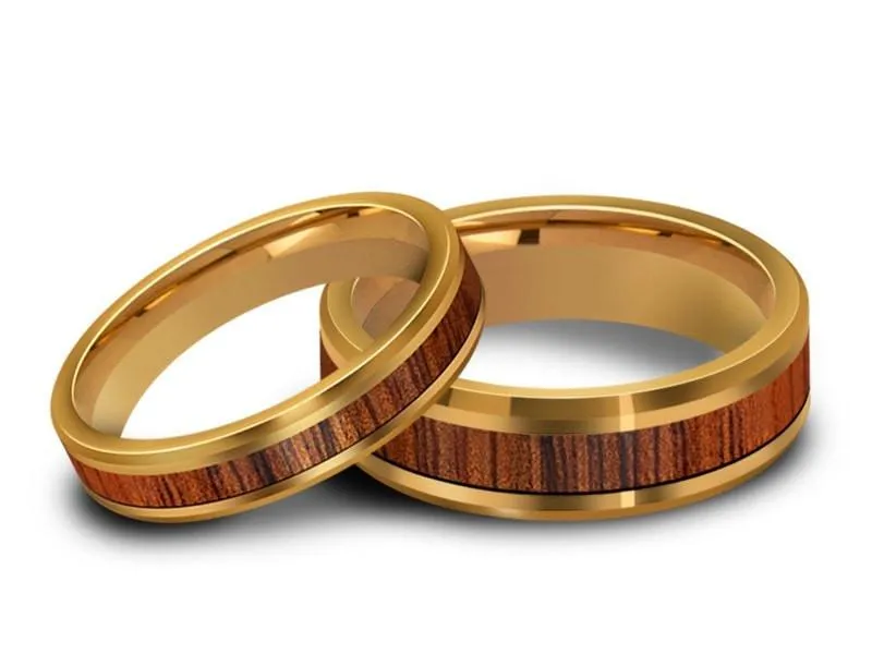 4MM/6MM HAWAIIAN KOA WOOD Tungsten Wedding Band Set BEVELED AND YELLOW INTERIOR