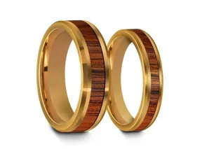 4MM/6MM HAWAIIAN KOA WOOD Tungsten Wedding Band Set BEVELED AND YELLOW INTERIOR