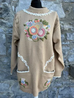 80s beige floral embroidered jumper uk 12-14