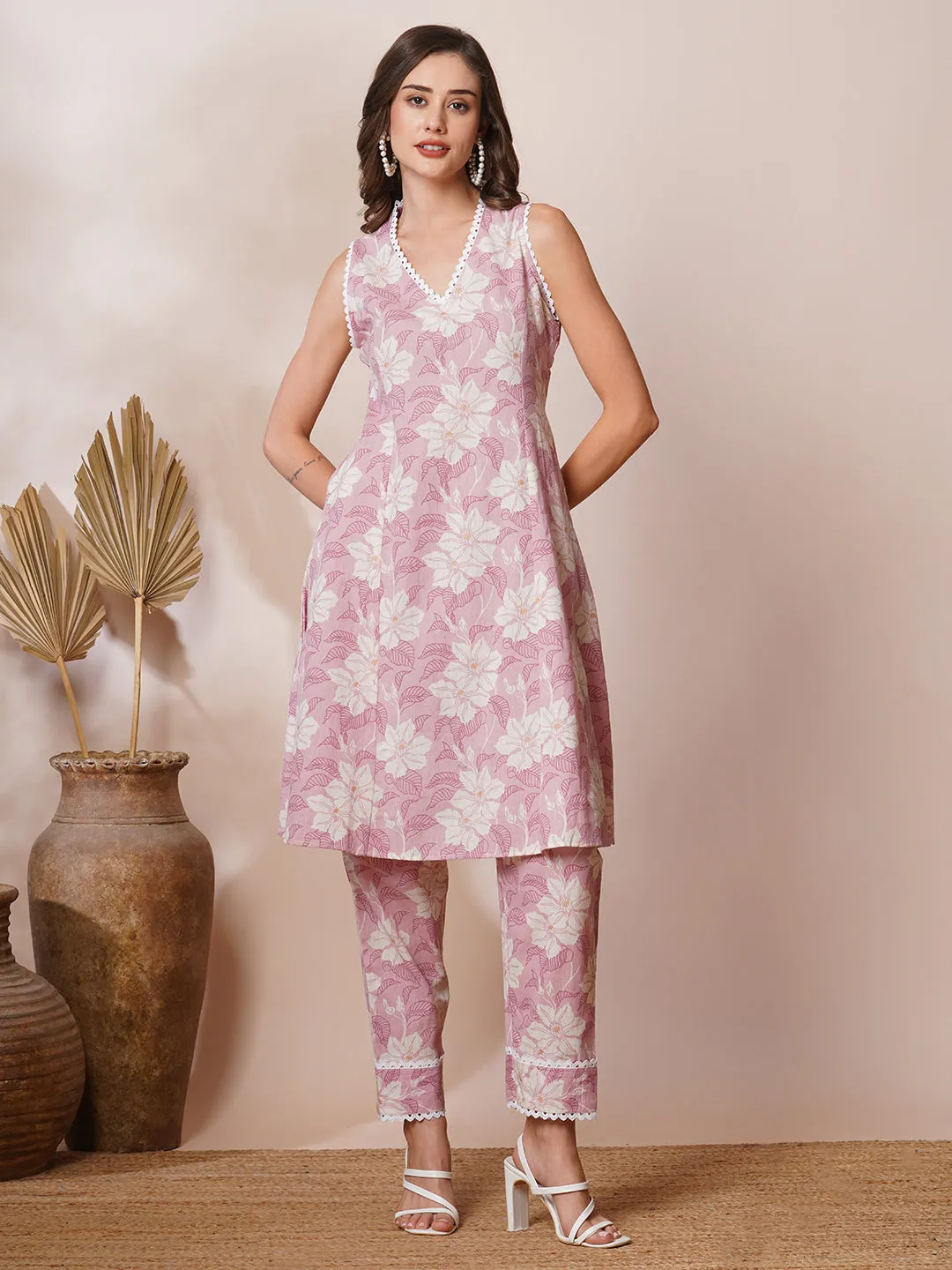 Abstract Floral Foil Printed A-Line Co-ord Set - Pink