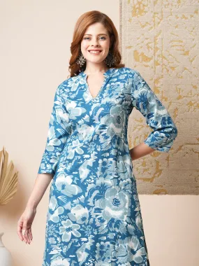 Abstract Floral Printed Straight Fit Kurta - Blue