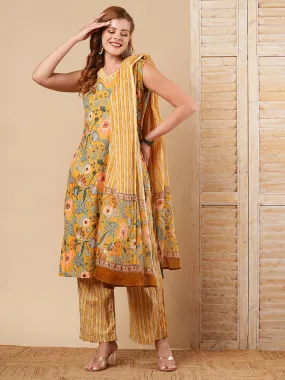 Abstract Floral Printed Straight Fit Kurta with Palazzo & Dupatta - Yellow