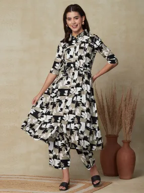 Abstract Printed Paneled A-line Kurta with Waist Belt & Palazzo - White & Black