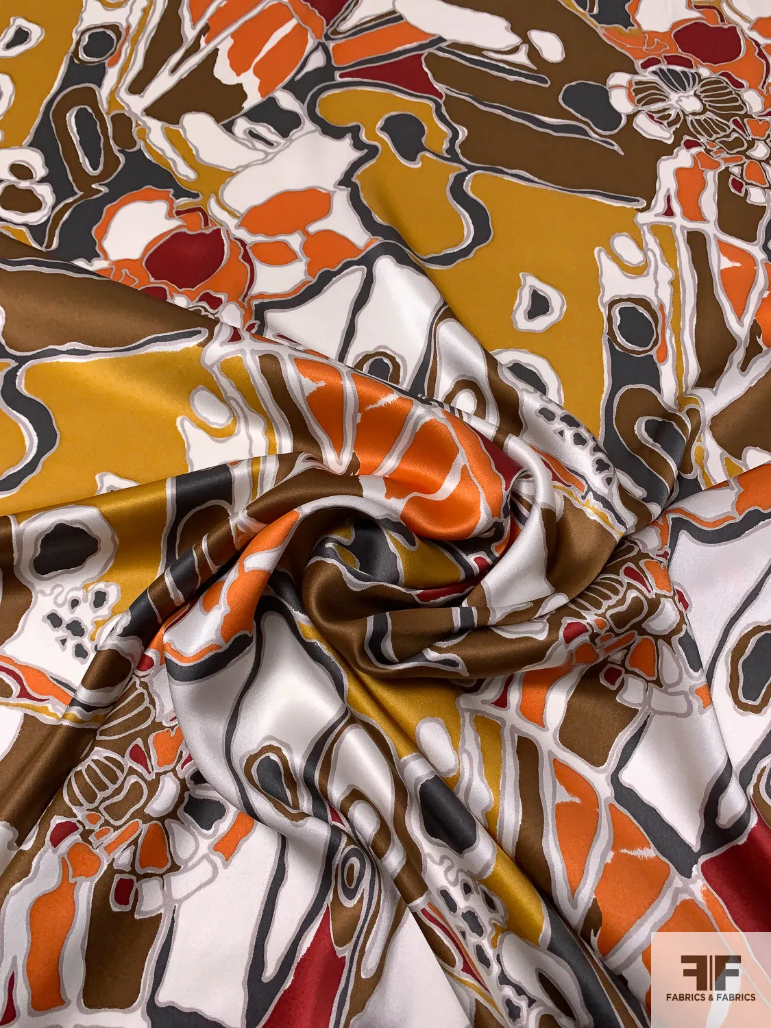 An Abstract Thanksgiving Printed Silk Charmeuse - Brown / Ochre / Orange / Slate Grey