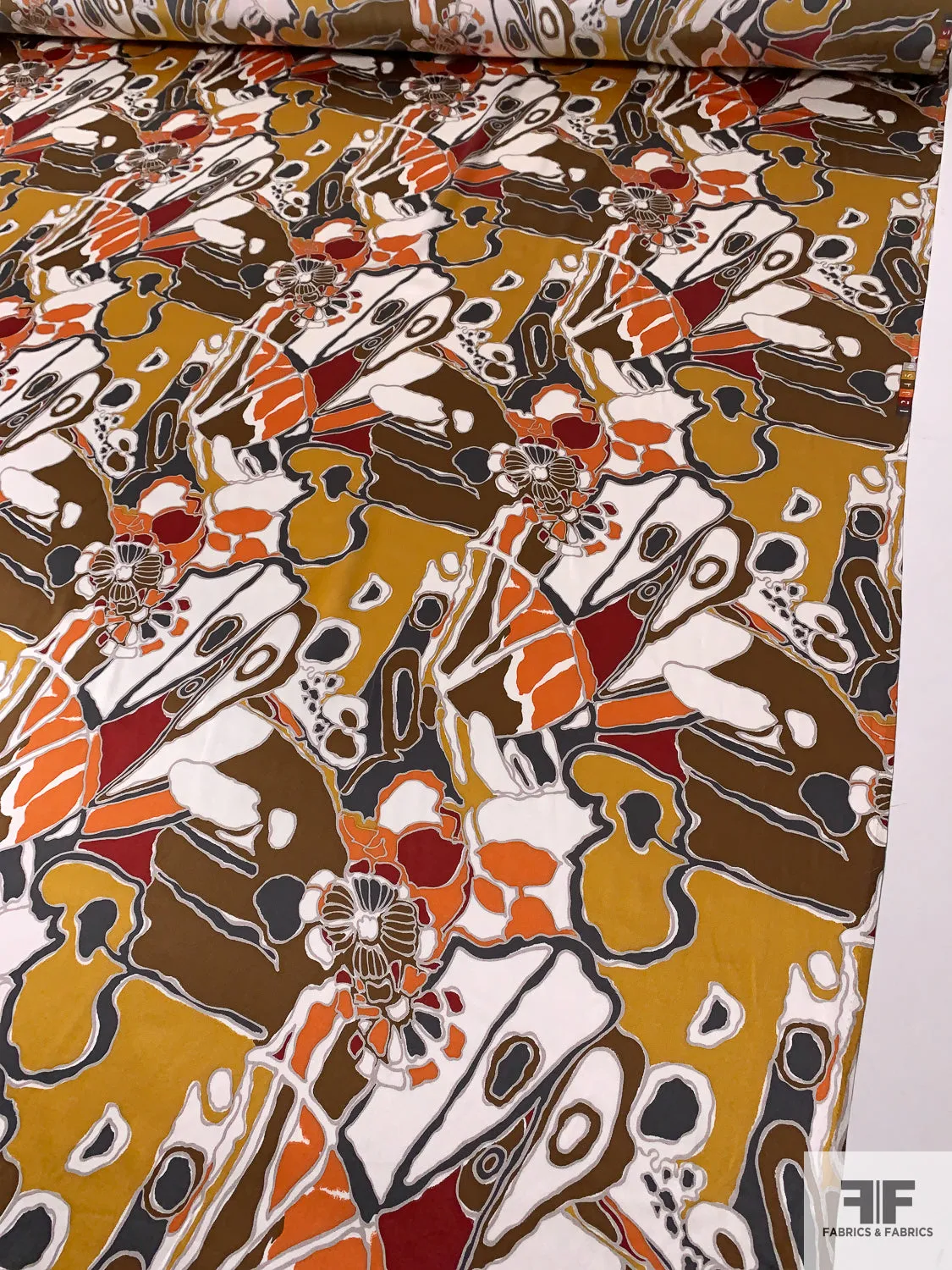 An Abstract Thanksgiving Printed Silk Charmeuse - Brown / Ochre / Orange / Slate Grey