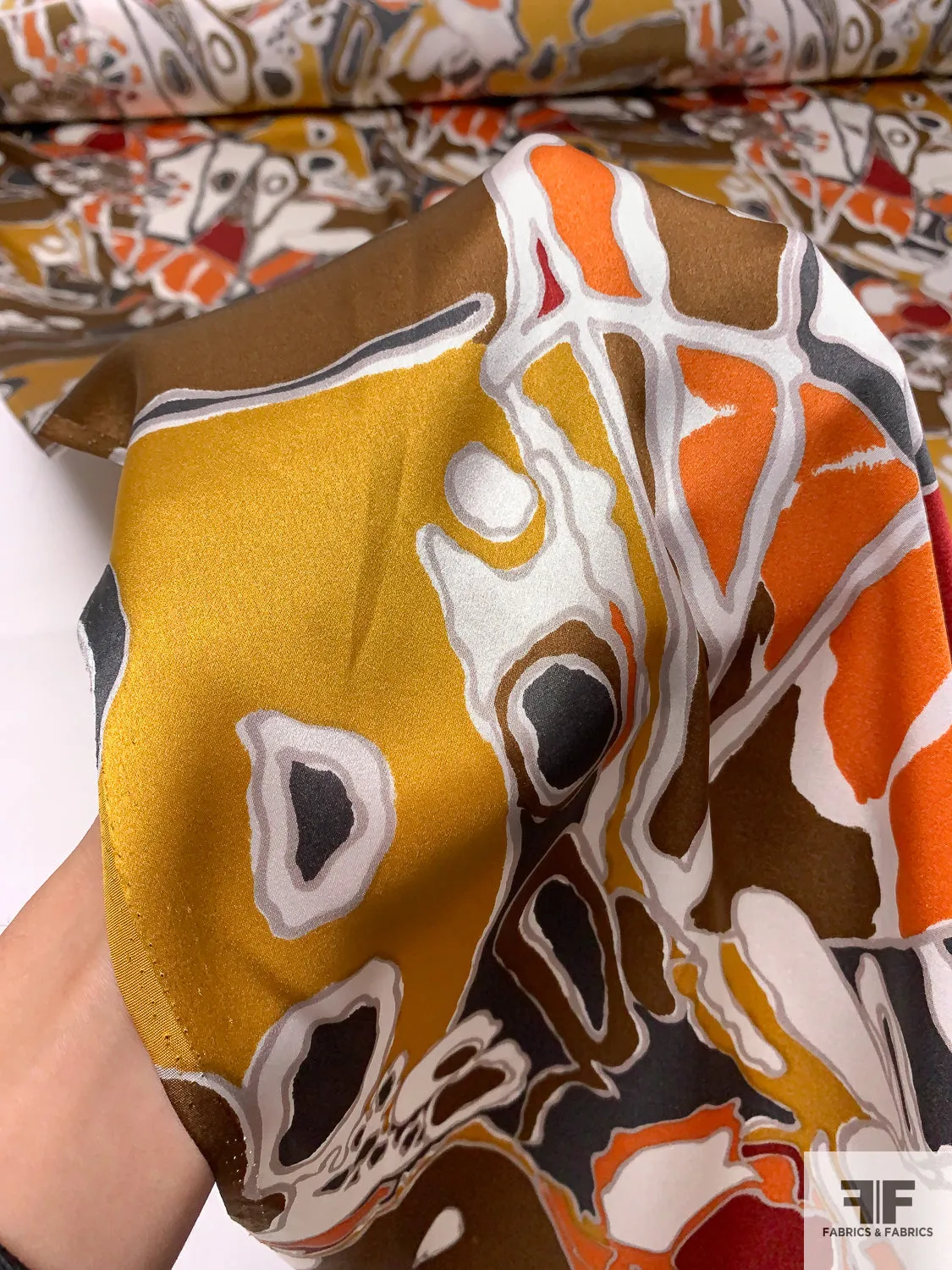 An Abstract Thanksgiving Printed Silk Charmeuse - Brown / Ochre / Orange / Slate Grey