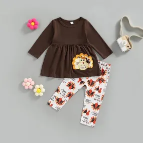 Autumn Toddler Girls Thanksgiving Set Turkey Embroidered Top Printed Pants Set Wholesale