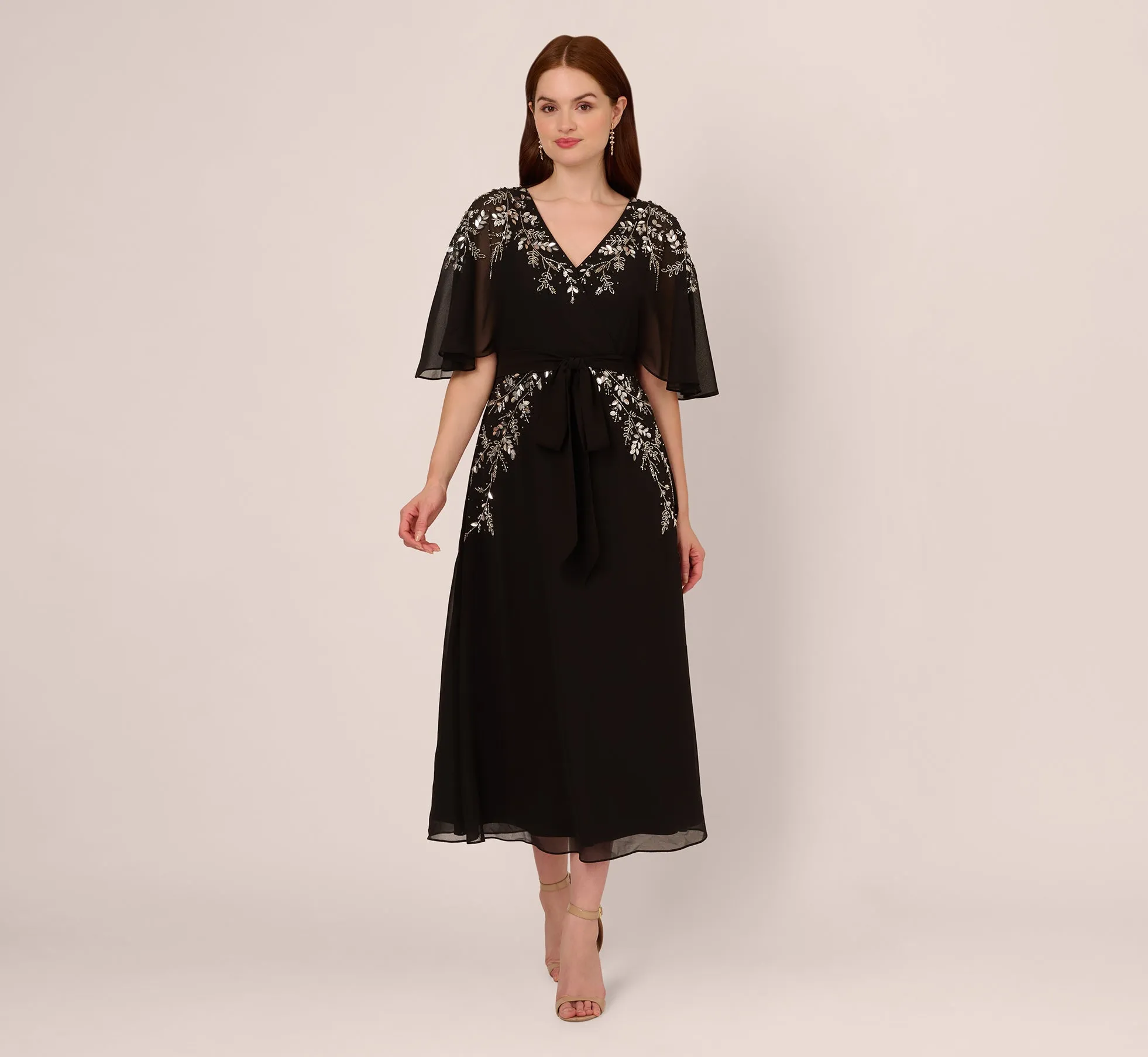 Beaded Chiffon Ankle Length Gown With Dolman Sleeves In Black