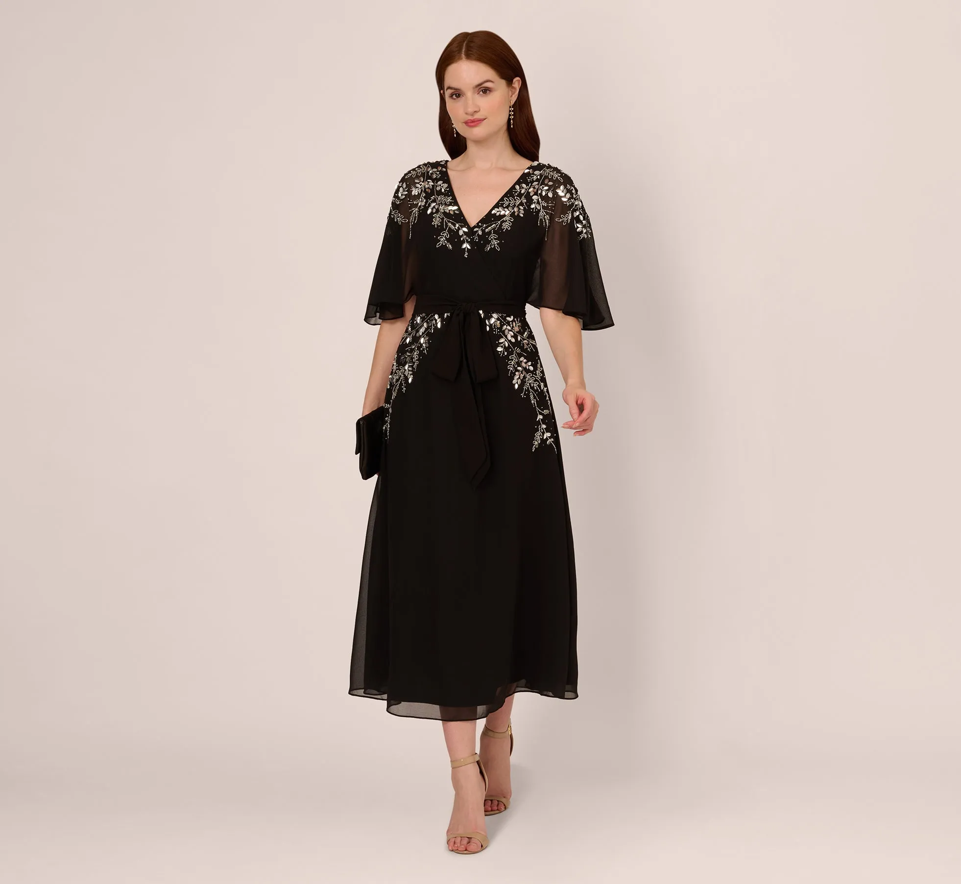 Beaded Chiffon Ankle Length Gown With Dolman Sleeves In Black