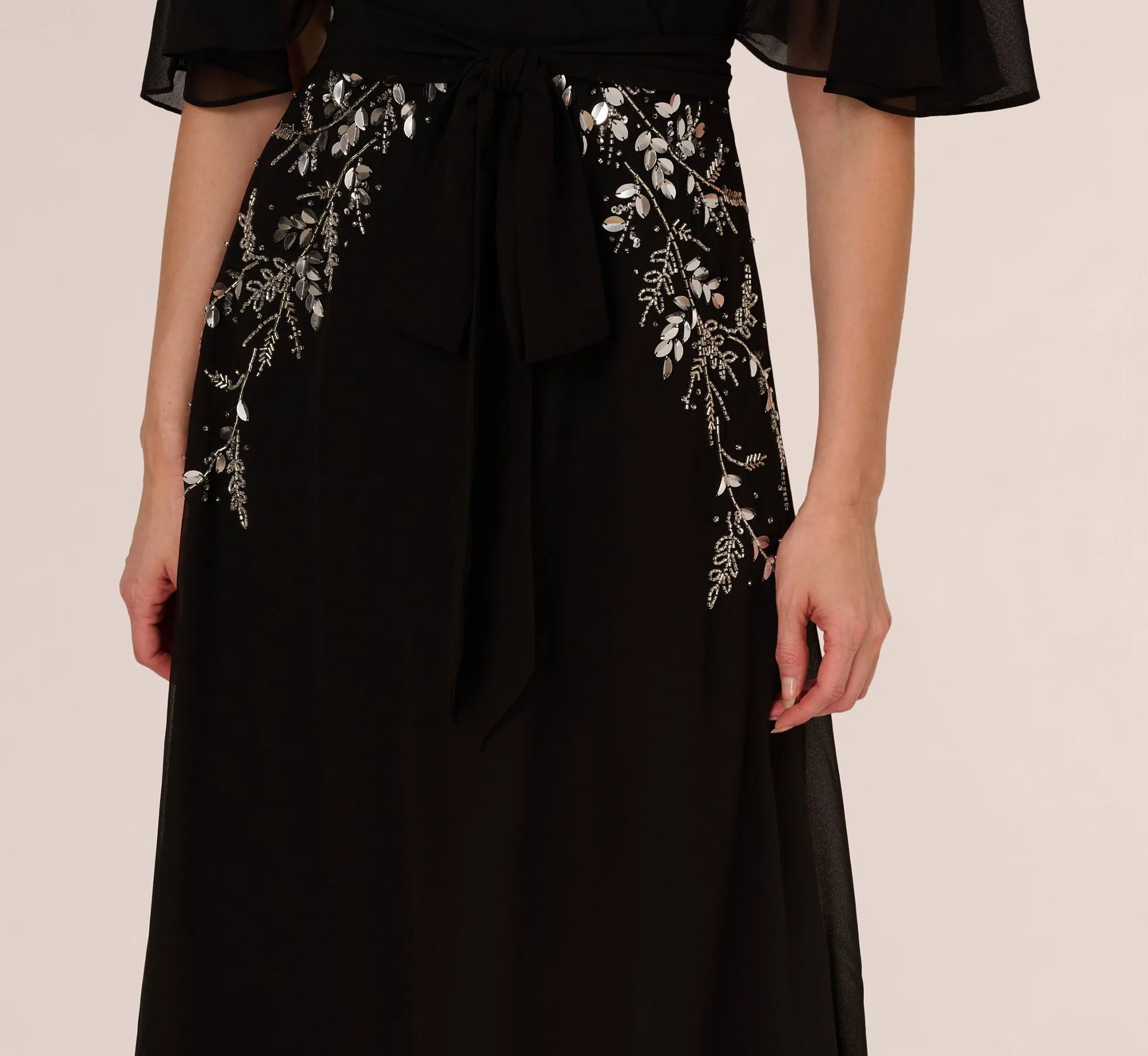 Beaded Chiffon Ankle Length Gown With Dolman Sleeves In Black