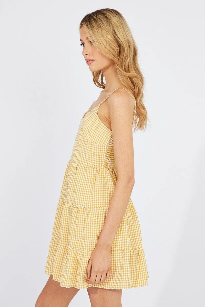 Beige Check Fit and Flare Dress Sleeveless Tiered