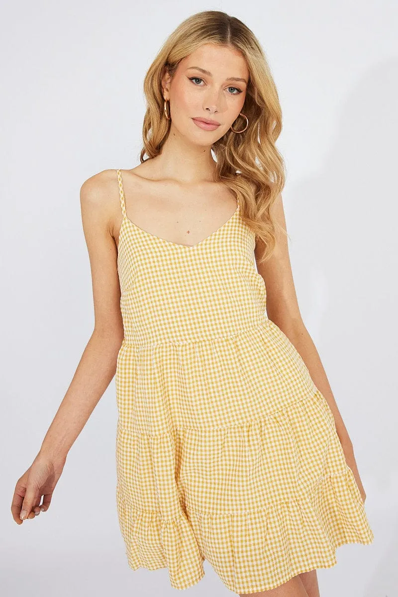 Beige Check Fit and Flare Dress Sleeveless Tiered