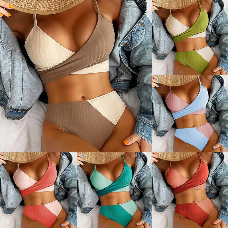 Bikini Patchwork Swimwear Ribbed Women's Swimsuit Knot Back Beachwear Ruched Butt Biquinis Bathing Suits