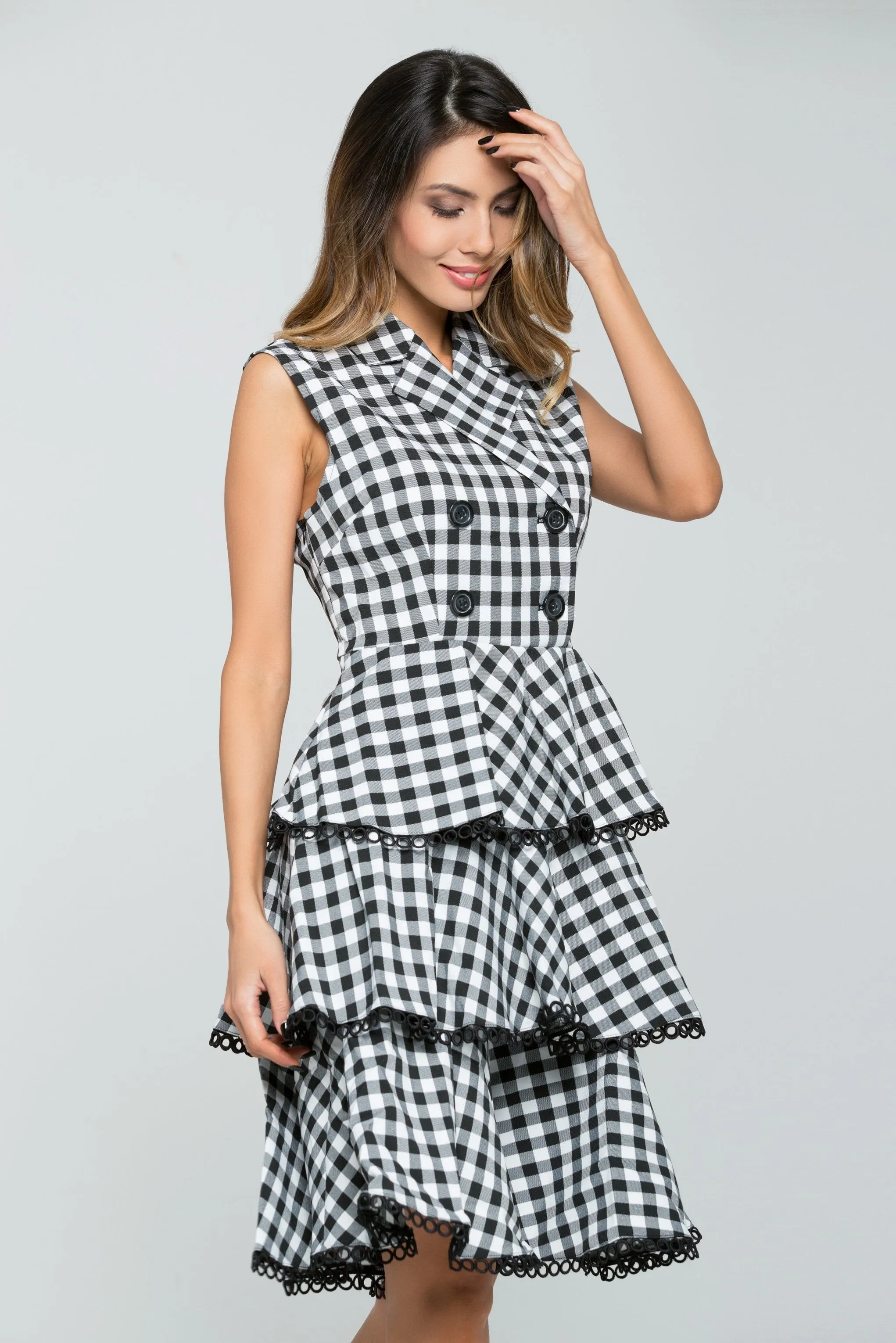 Black and White Double Breasted Check Midi Dress