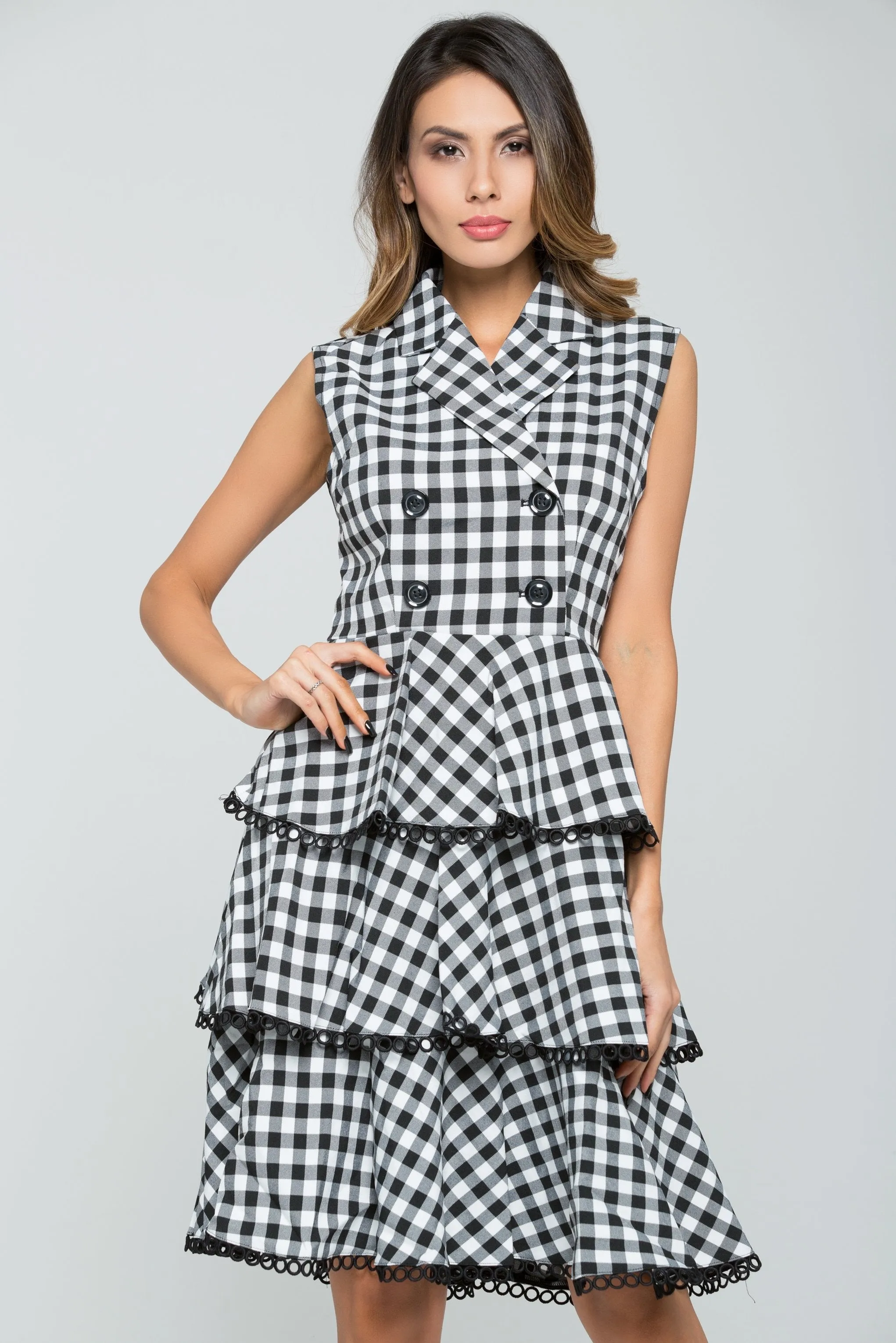 Black and White Double Breasted Check Midi Dress