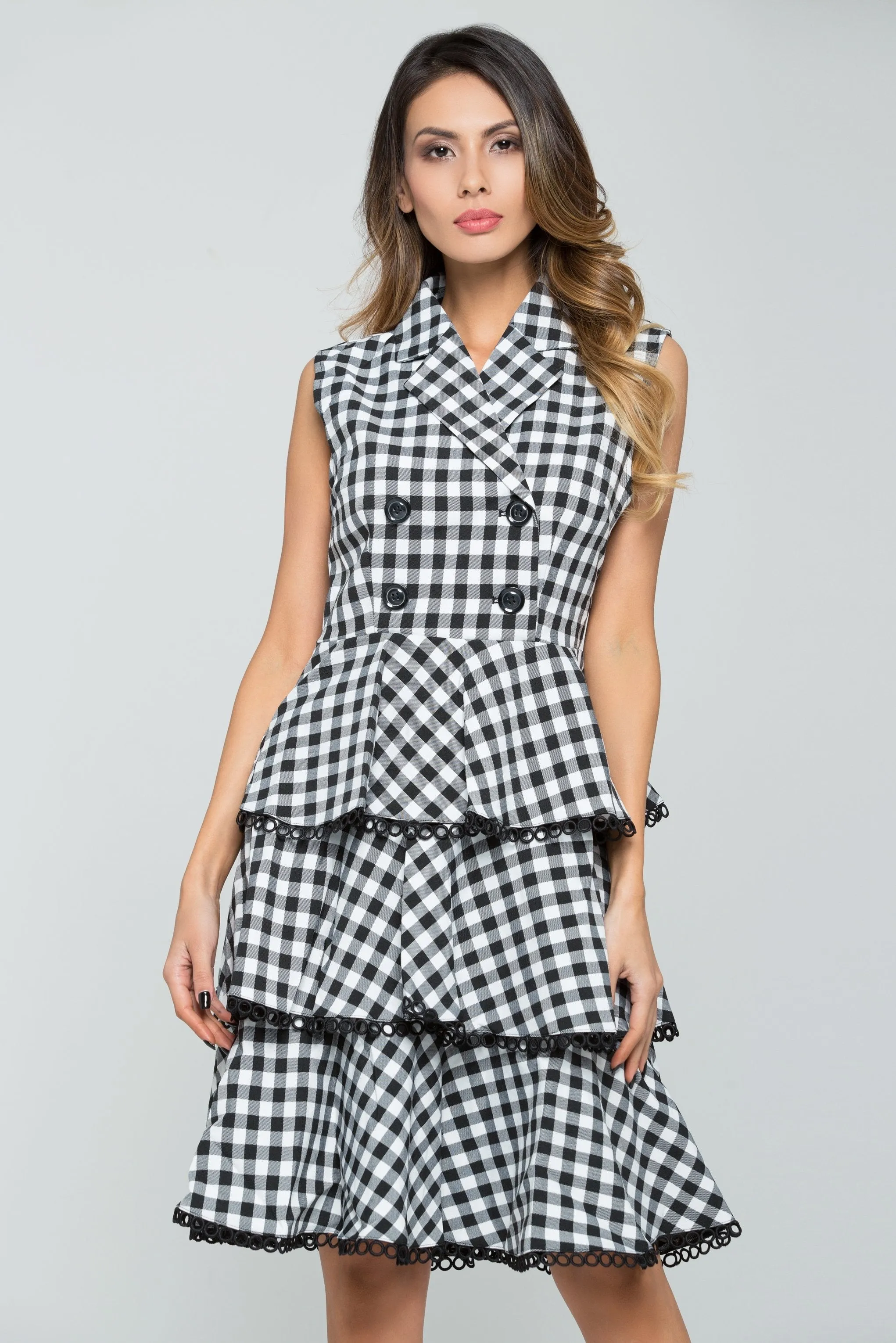 Black and White Double Breasted Check Midi Dress