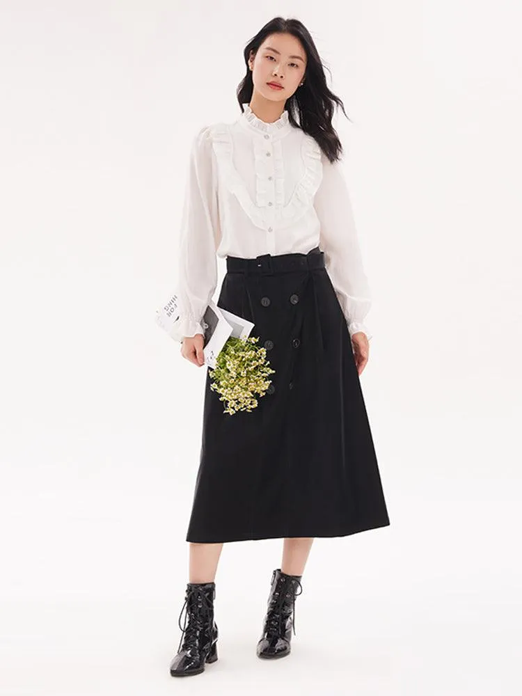 Black Double-Breasted Woven Skirt