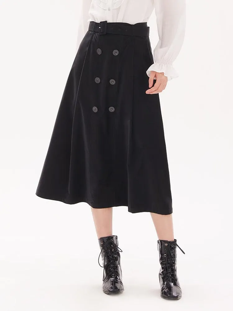 Black Double-Breasted Woven Skirt