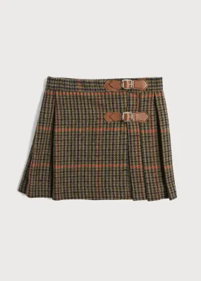 Checked Tweed Pleated Leather Buckled Kilt in Brown (2-10yrs)