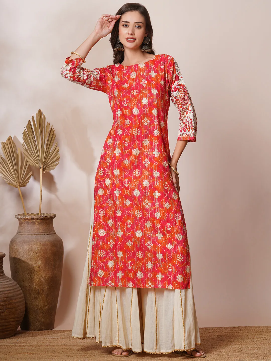 Chikankari Embroidered & Ethnic Foil Printed Straight Fit Kurta - Multi