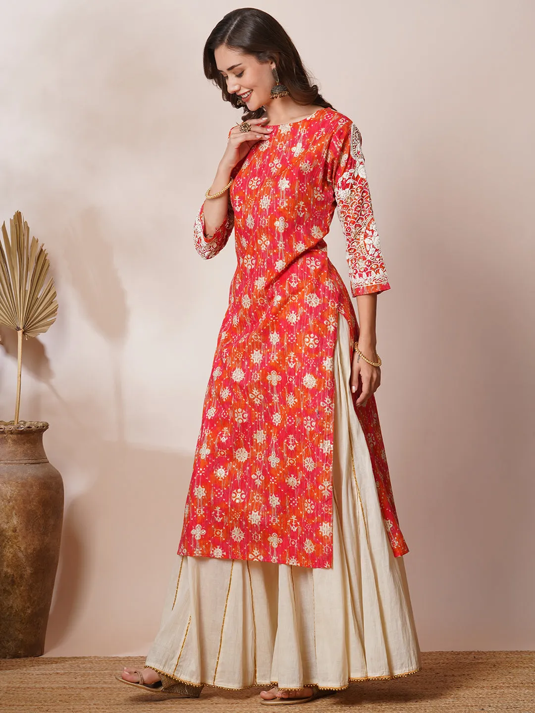 Chikankari Embroidered & Ethnic Foil Printed Straight Fit Kurta - Multi