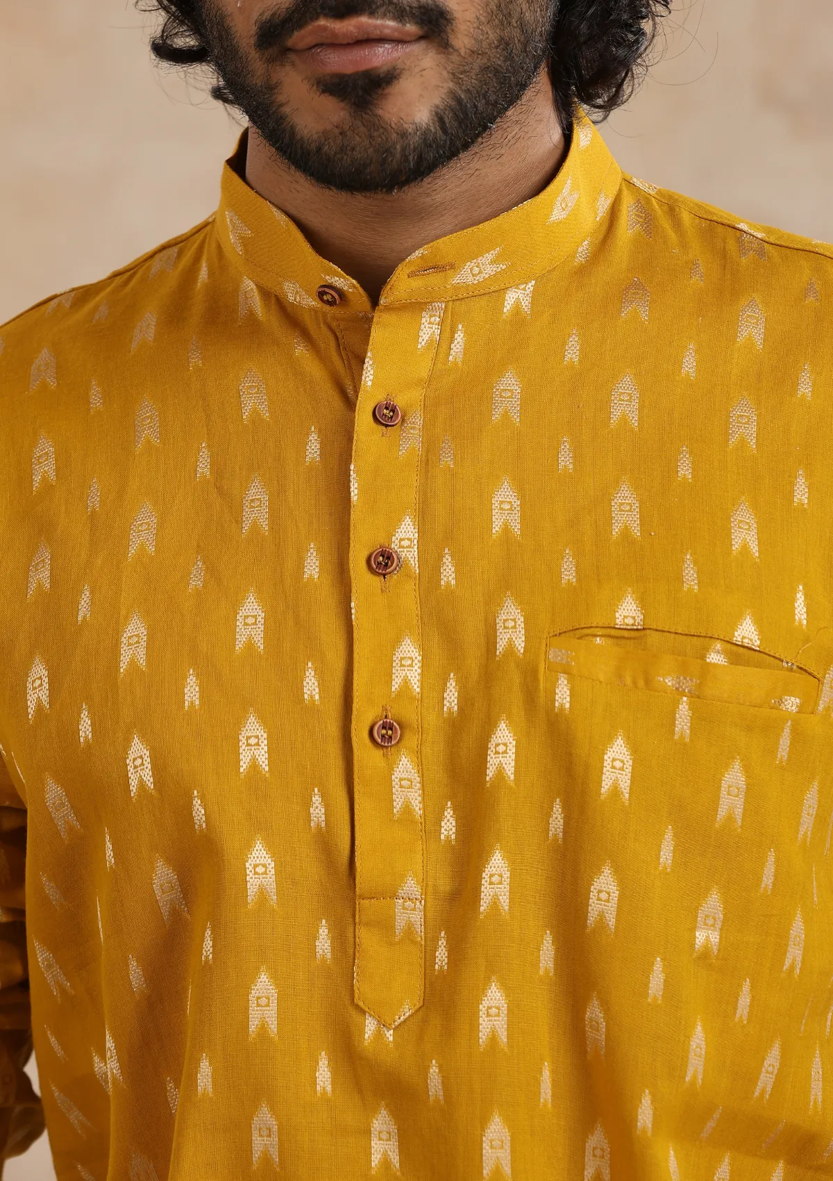 Cotton Jacquard Solid Men's Short Kurta - Mustard