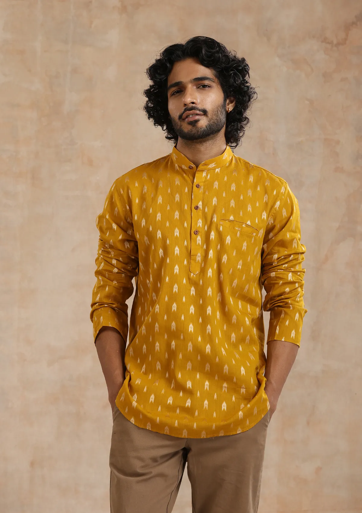 Cotton Jacquard Solid Men's Short Kurta - Mustard