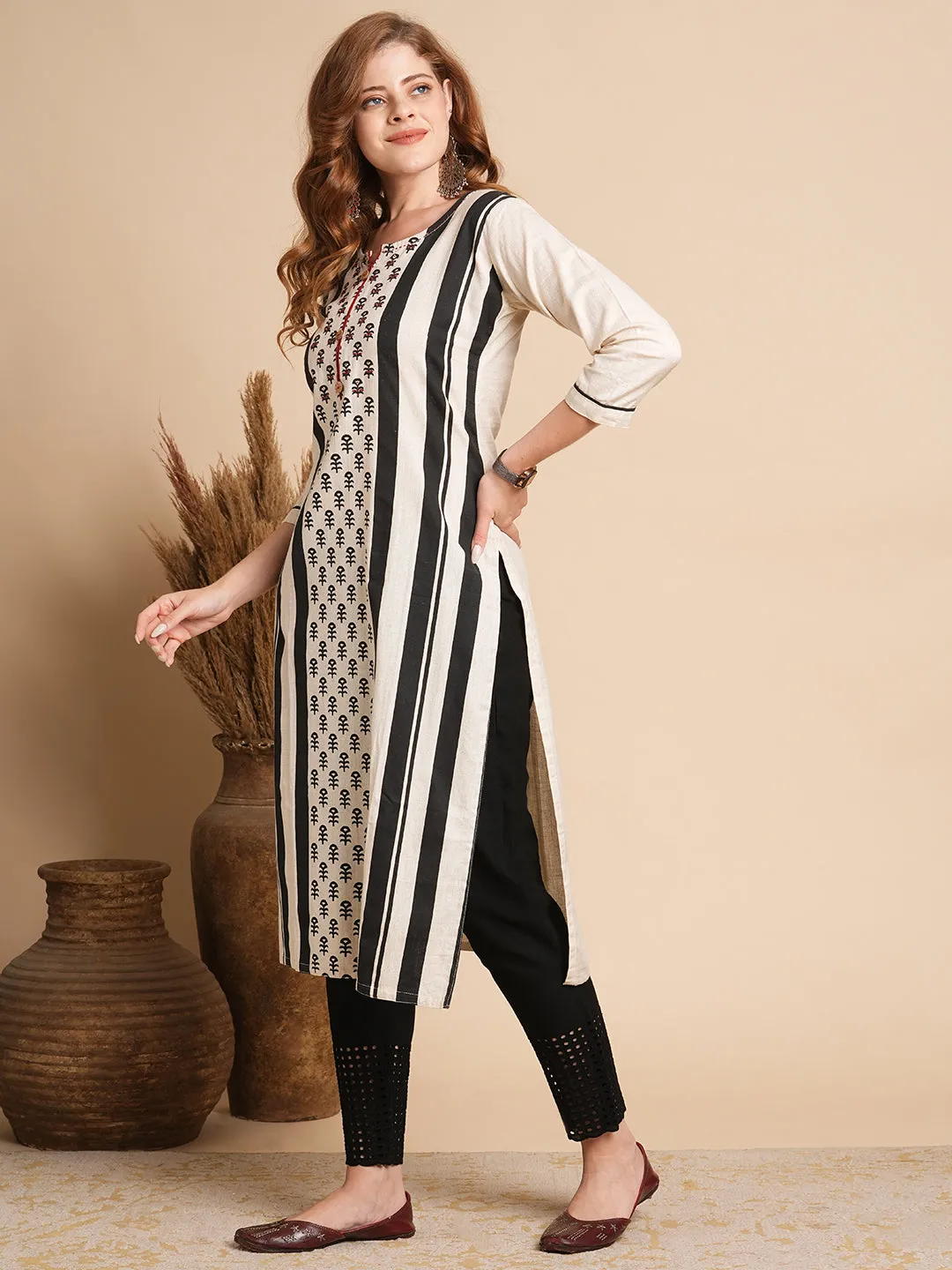 Ethnic & Stripes Printed & Hand Embroidered Straight Fit Kurta - Off White