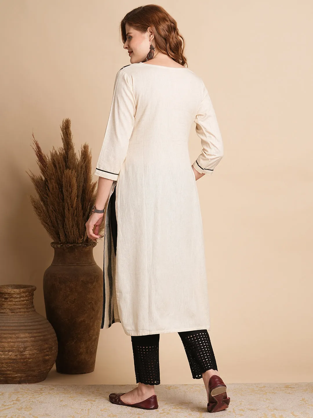 Ethnic & Stripes Printed & Hand Embroidered Straight Fit Kurta - Off White