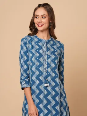 Ethnic Chevron Printed & Mirror Embroidered Straight Fit Kurta - Blue