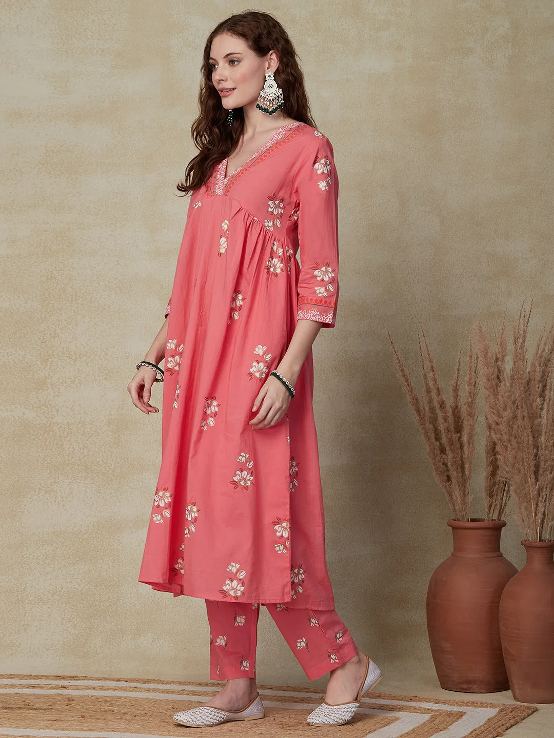 Ethnic Floral Foil Printed A-Line Pleated Kurta with Pant - Pink