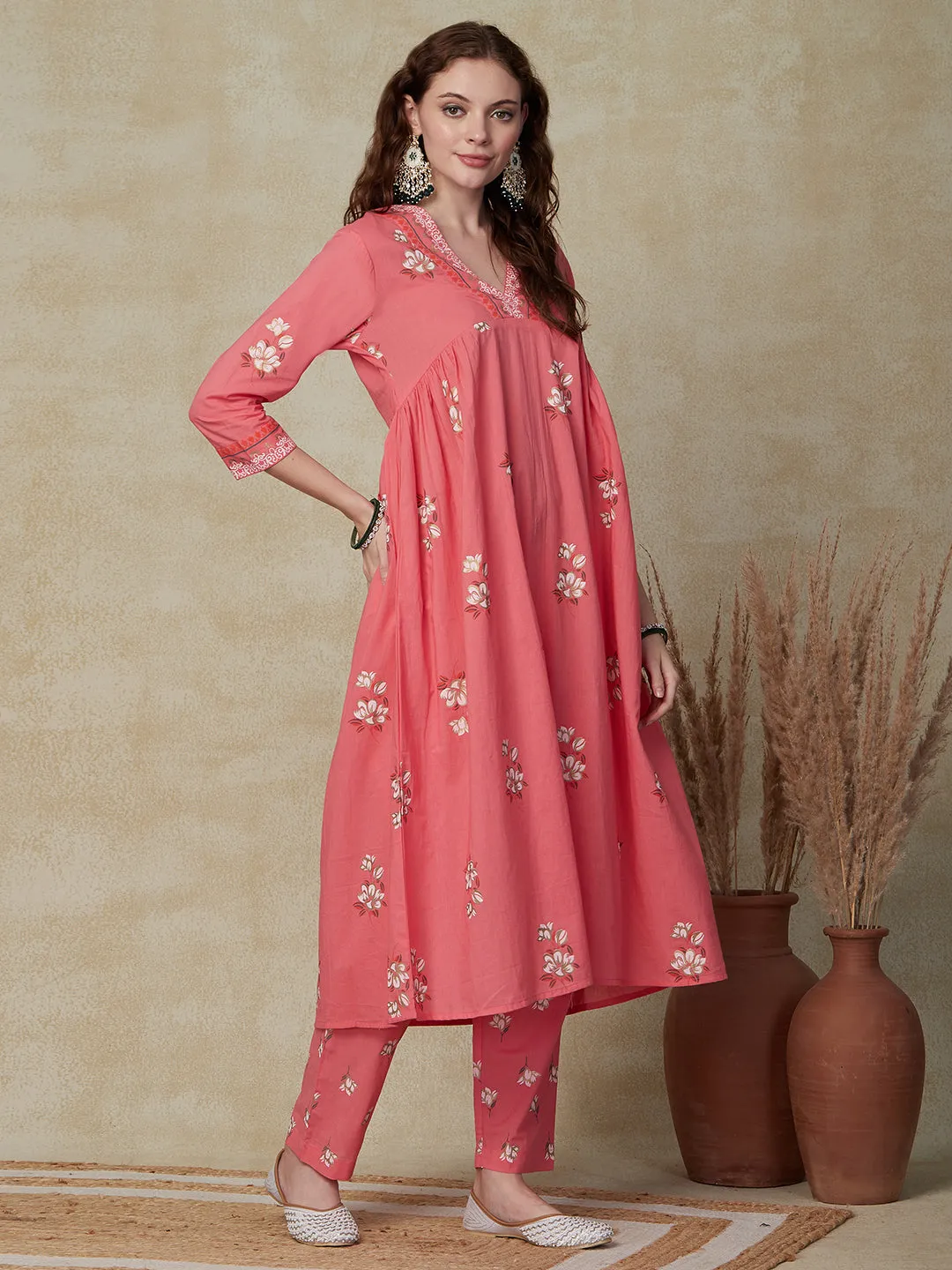 Ethnic Floral Foil Printed A-Line Pleated Kurta with Pant - Pink