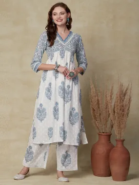 Ethnic Floral Printed A-Line Pleated Kurta with Palazzo - Off White