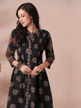 Ethnic Floral Printed A-Line Pleated Kurta with Pant - Black