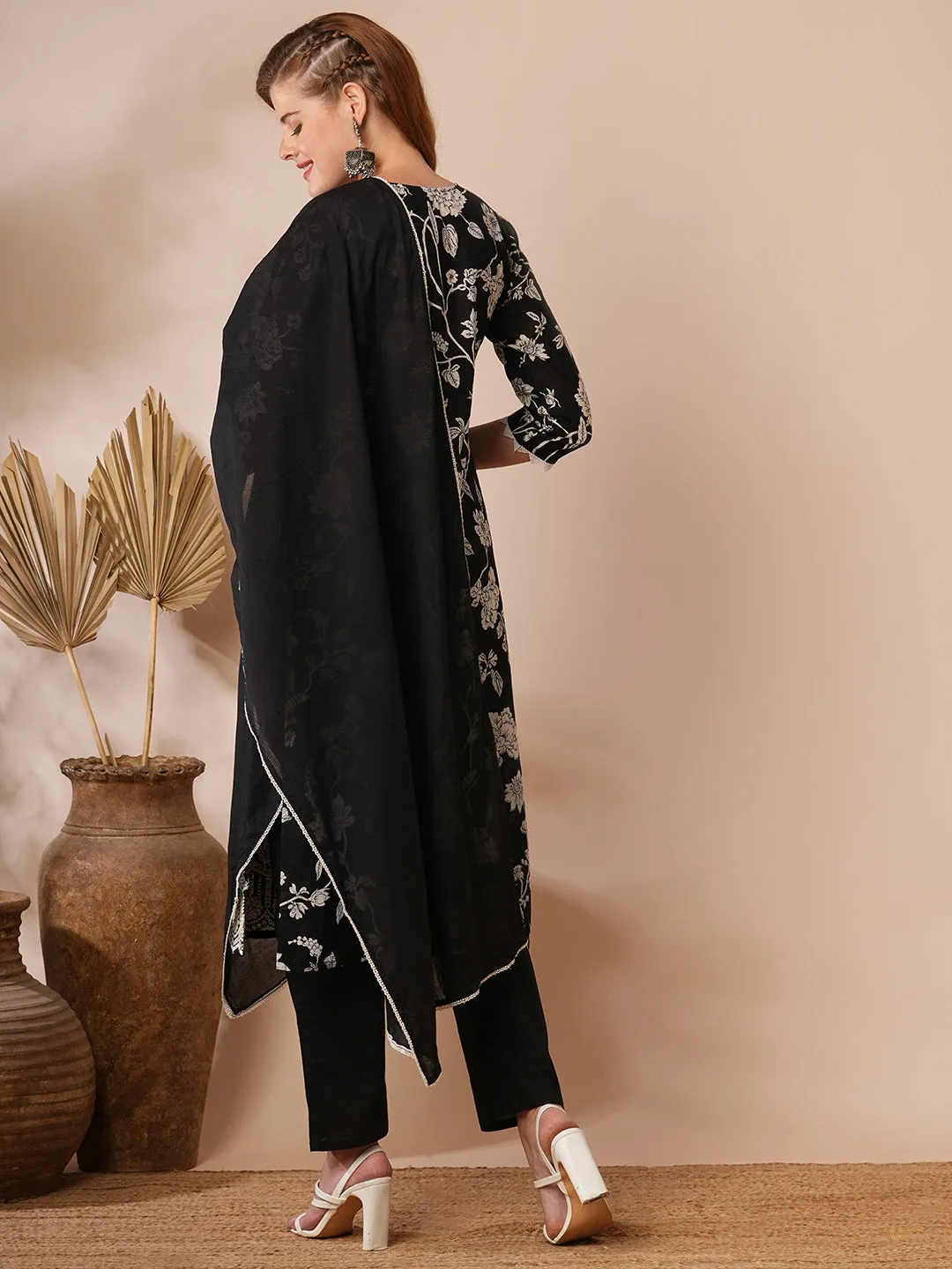 Ethnic Floral Printed & Schiffli Embroidered Kurta with Pant & Dupatta - Black