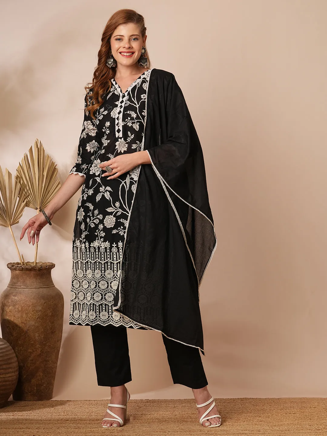 Ethnic Floral Printed & Schiffli Embroidered Kurta with Pant & Dupatta - Black