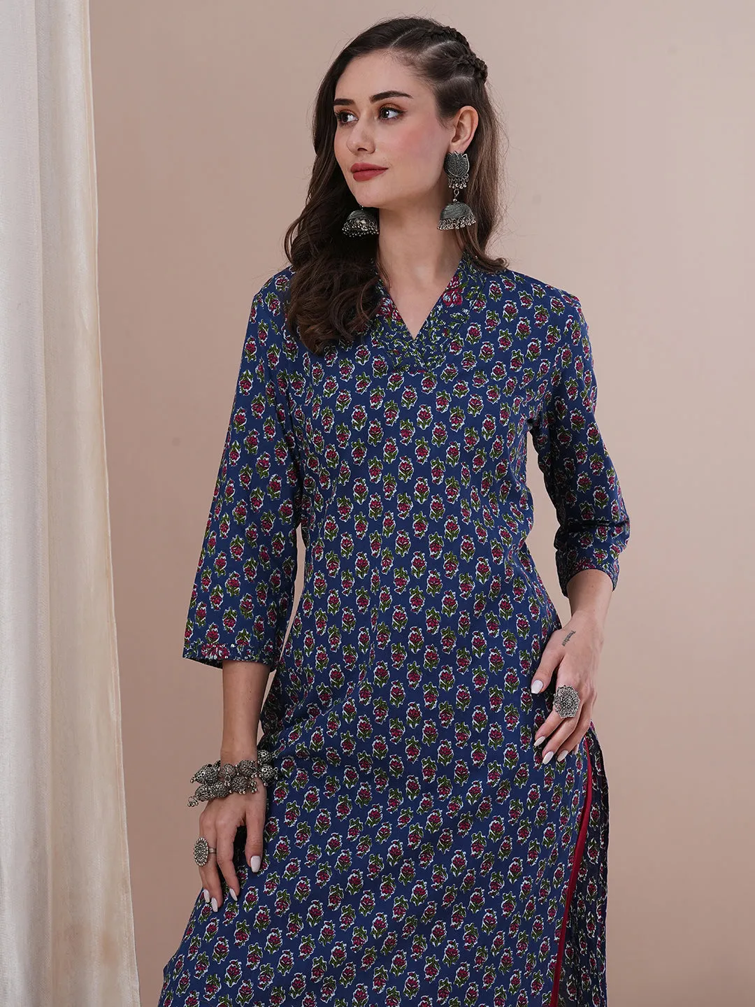 Ethnic Floral Printed & Sequin Embroidered Straight Fit Kurta - Blue