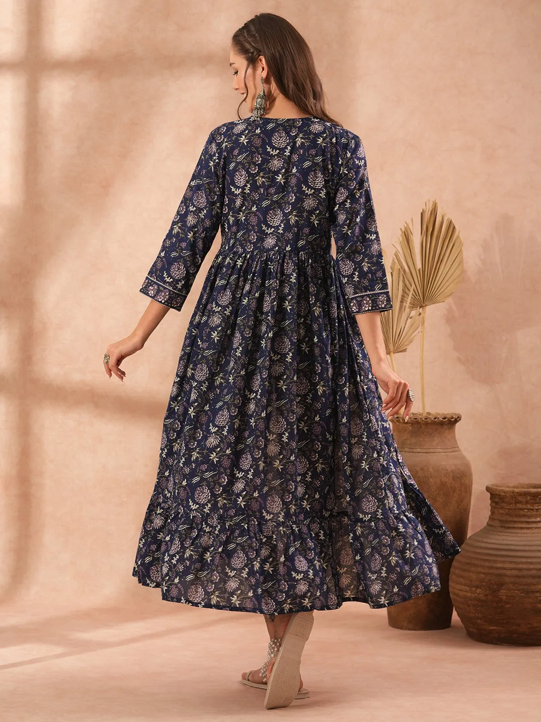 Ethnic Floral Printed Embroidered A-Line Pleated Midi Dress - Blue