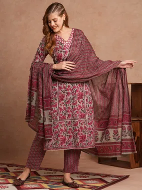 Ethnic Floral Printed Embroidered Straight Fit Kurta with Pant and Dupatta - Multi