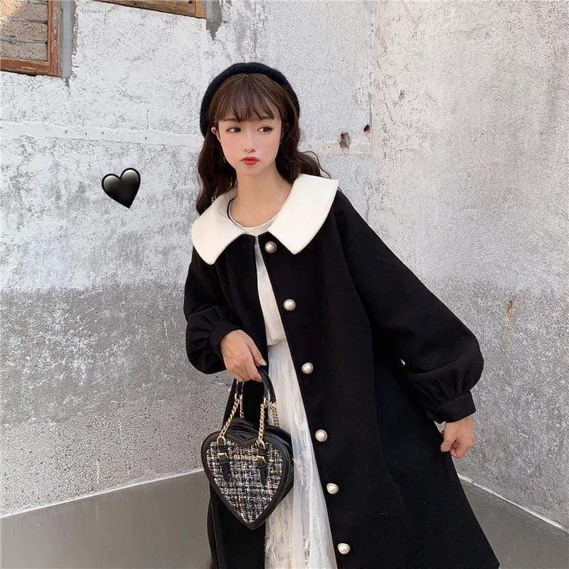 Kawaii Single-breasted Puff Sleeved Maxi Woolen Coat