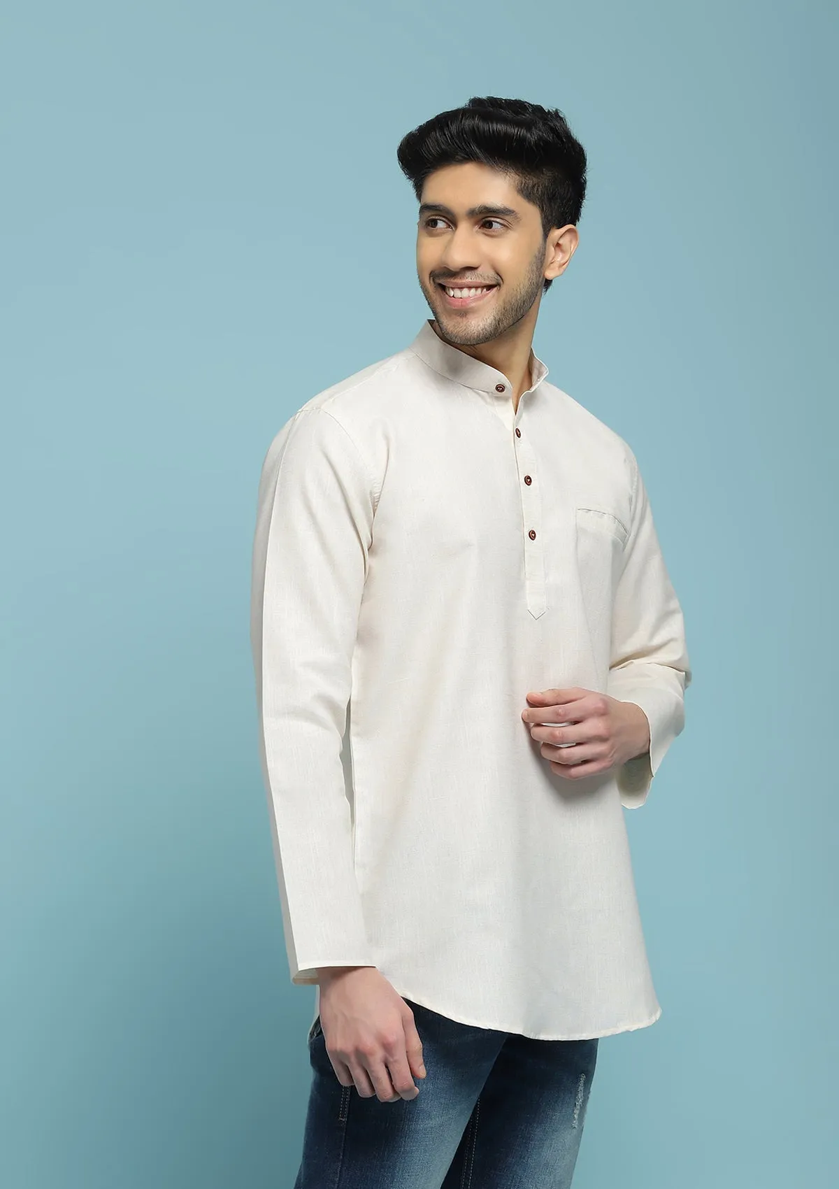 Poly Cotton Solid Men's Short Kurta - Cream