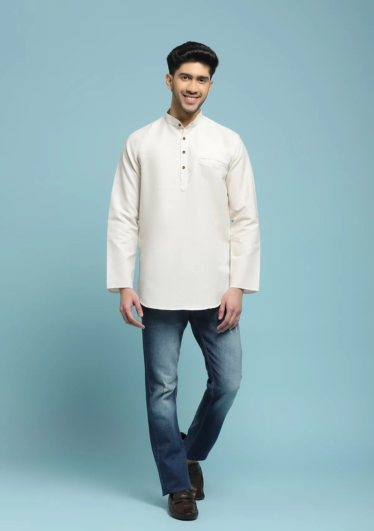 Poly Cotton Solid Men's Short Kurta - Cream