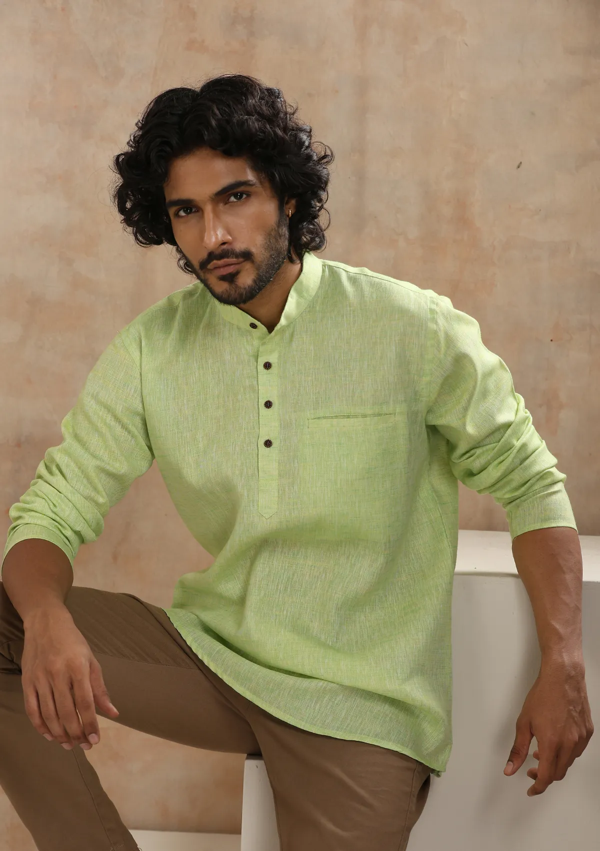 Poly Cotton Solid Men's Short Kurta - Green