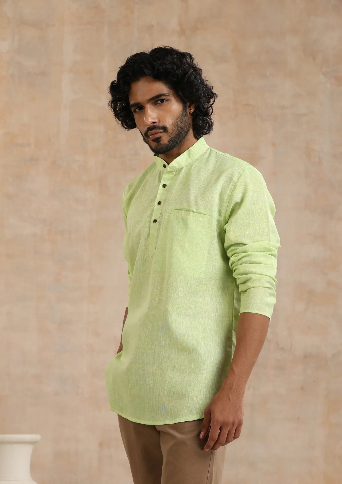 Poly Cotton Solid Men's Short Kurta - Green