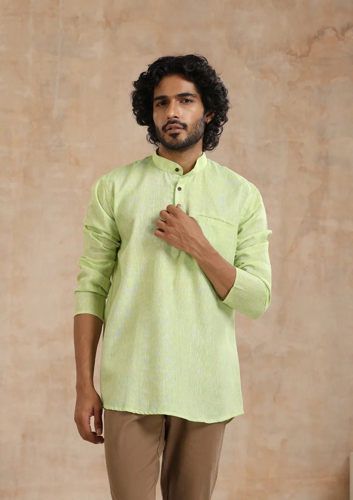 Poly Cotton Solid Men's Short Kurta - Green