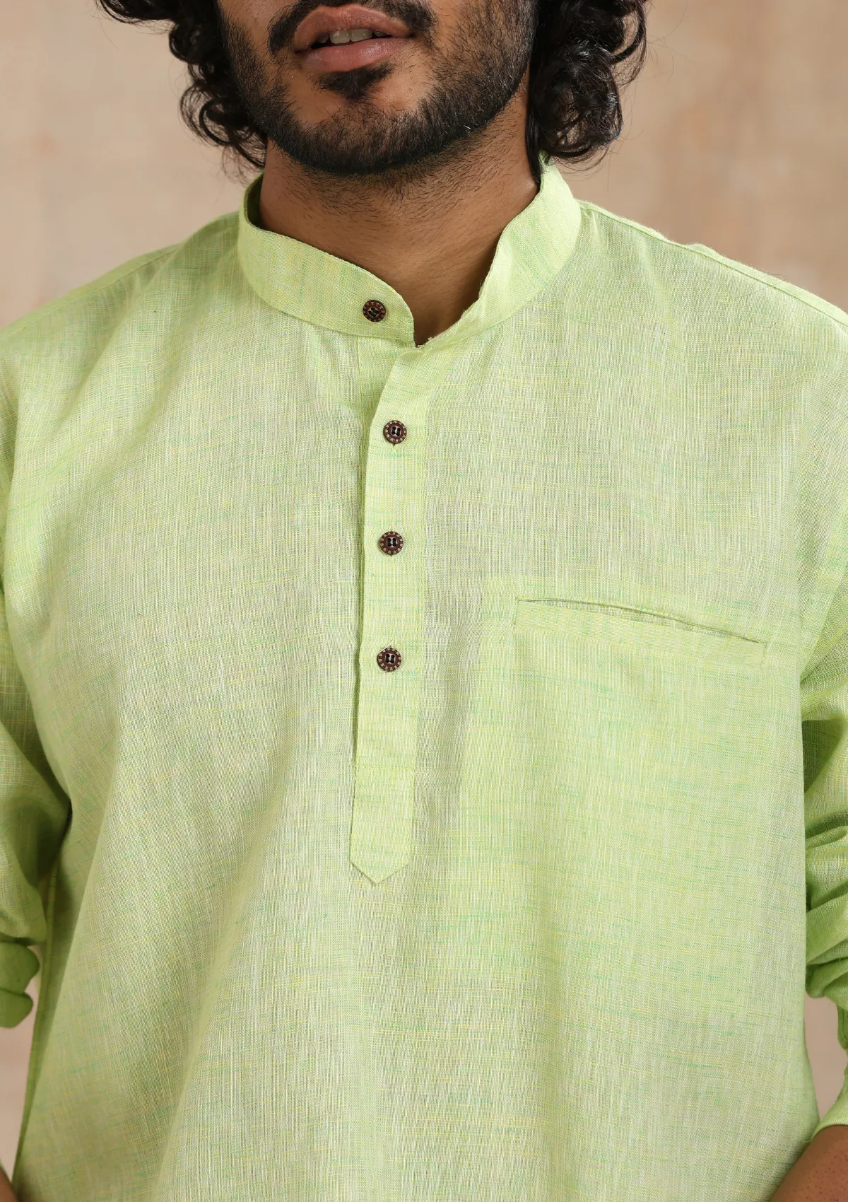 Poly Cotton Solid Men's Short Kurta - Green