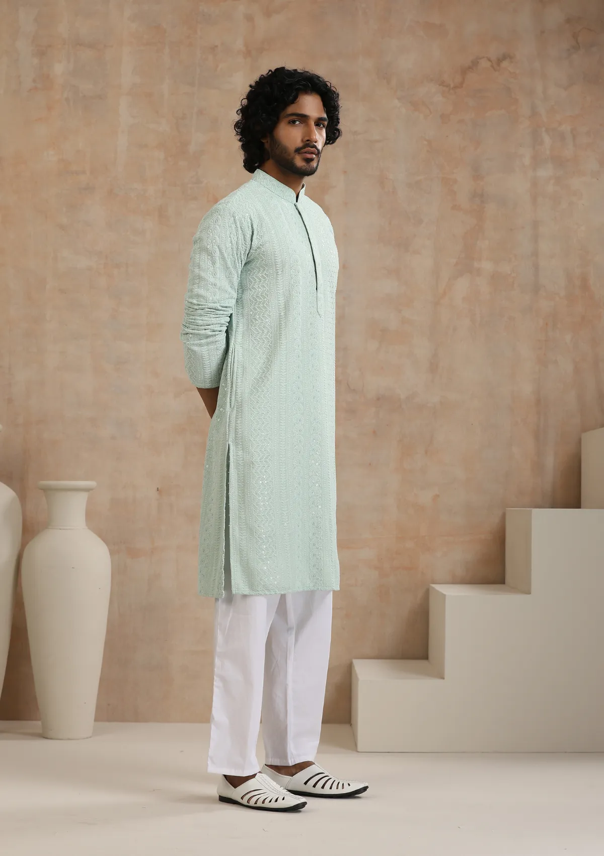 Rayon Schiffli Solid Men's Long Kurta- Green