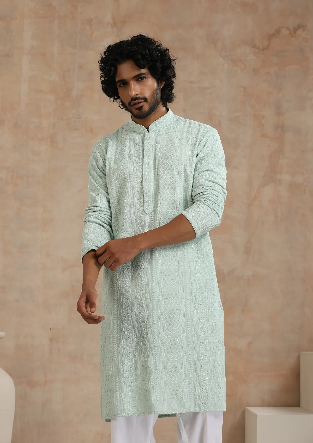 Rayon Schiffli Solid Men's Long Kurta- Green