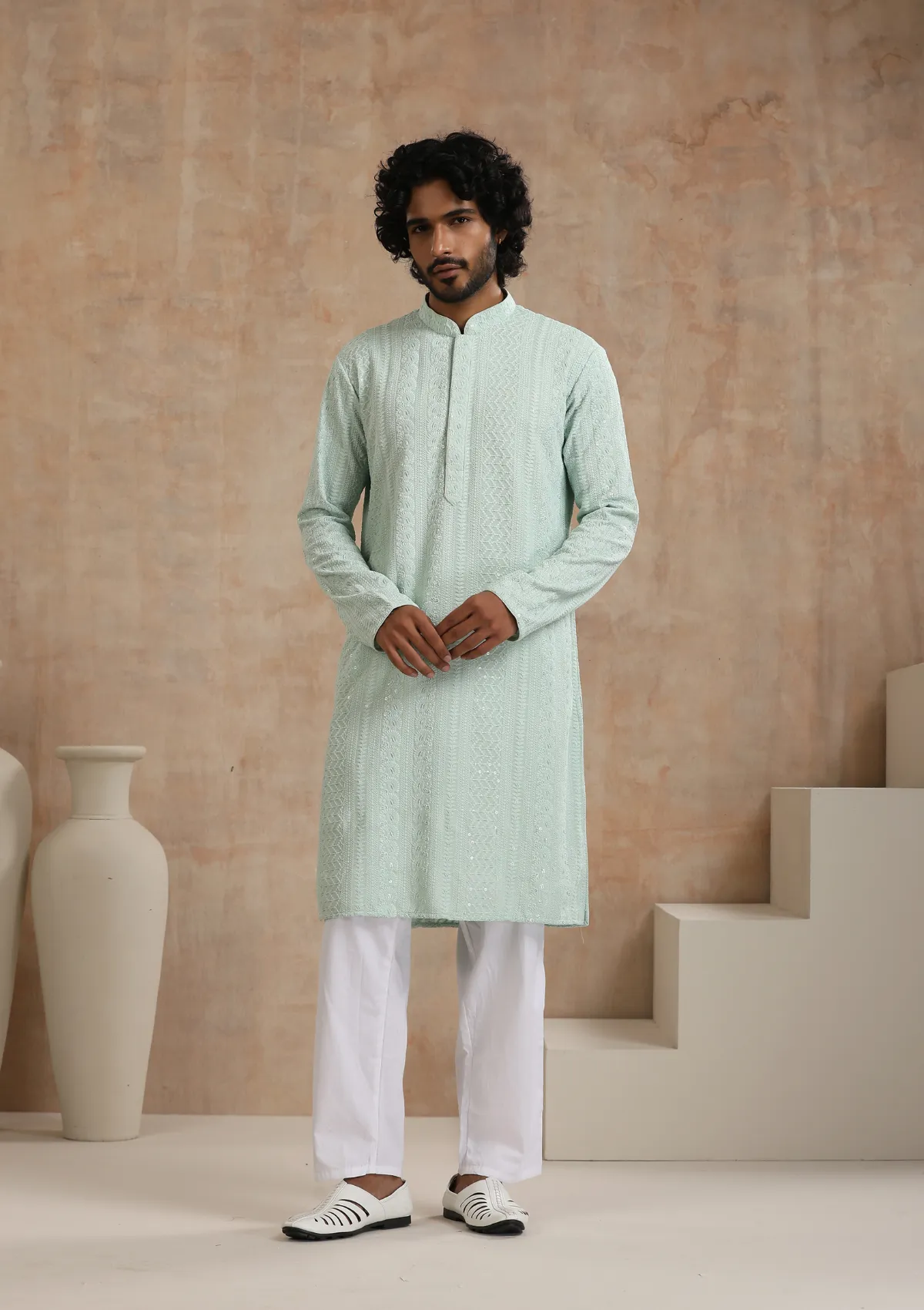 Rayon Schiffli Solid Men's Long Kurta- Green