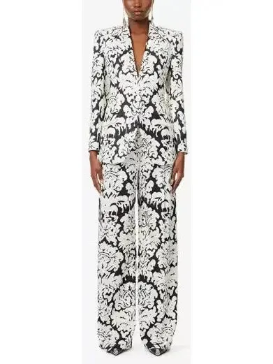 Women’s Black and White Floral-Print Single-Breasted Woven Blazer and Pant Suit